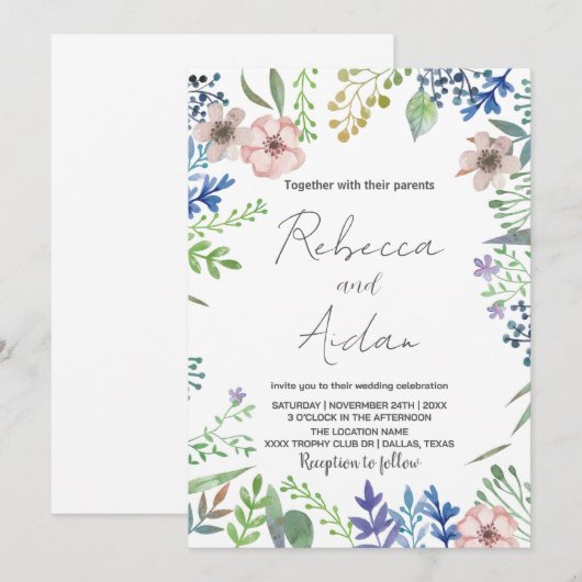Groene Floral Wedding Invitations Kaart (Voorkant / Achterkant)