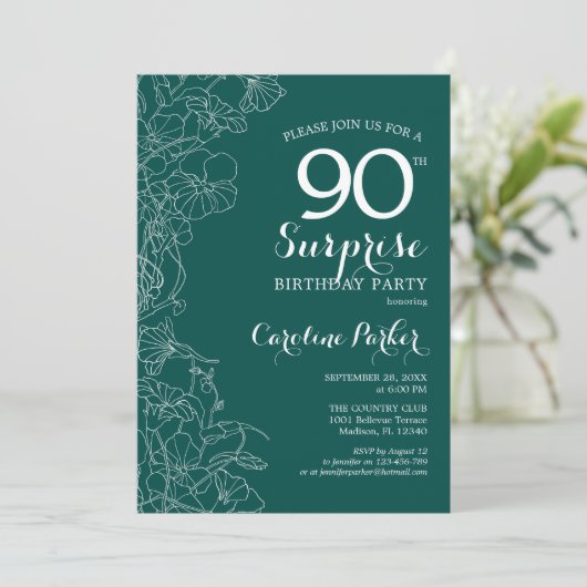Groene Florale Verrassingsfeest 90e verjaardag Kaart (Staand voorkant)