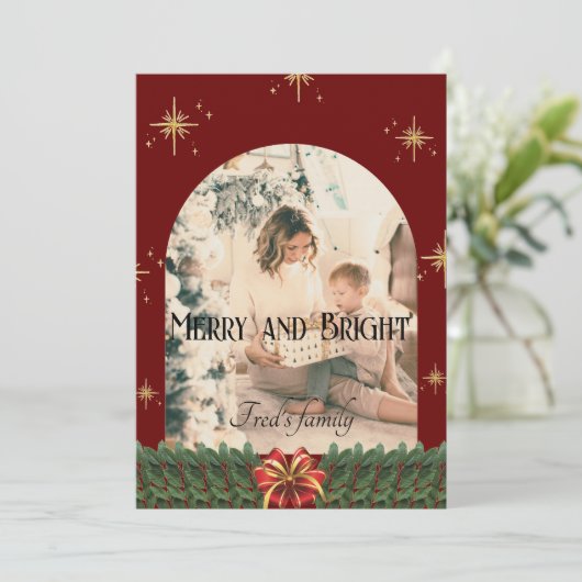 Groene Foliage boog foto Trendy vrolijke kerst Feestdagenkaart (Staand voorkant)