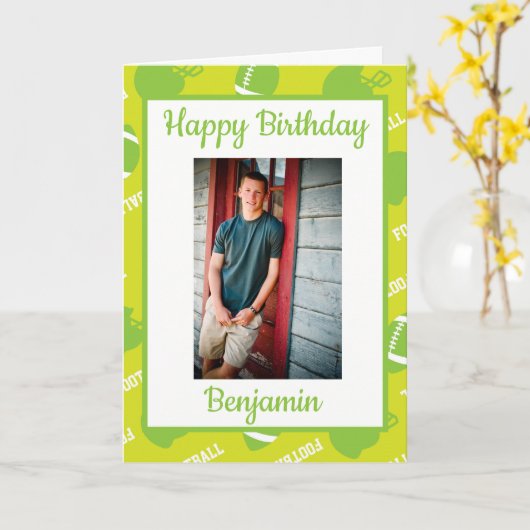Groene Football Thema Verjaardag Groet Foto Kaart (Gele Bloem)
