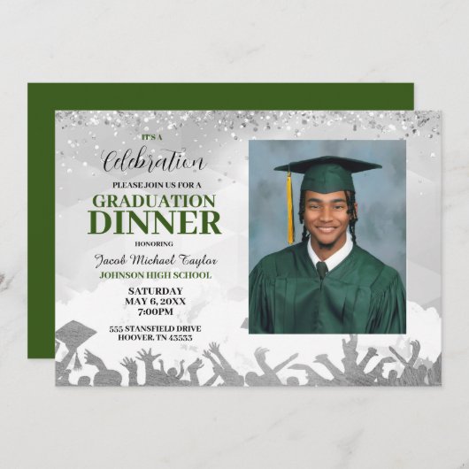 Groene foto afstudeer diner uitnodiging (Voorkant / Achterkant)