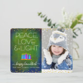 Groene Foto Hanukkah Menorah Vrede Liefde Lichttyp Feestdagenkaart (Staand voorkant)