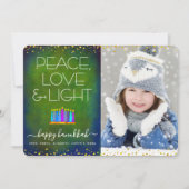 Groene Foto Hanukkah Menorah Vrede Liefde Lichttyp Feestdagenkaart (Voorkant)