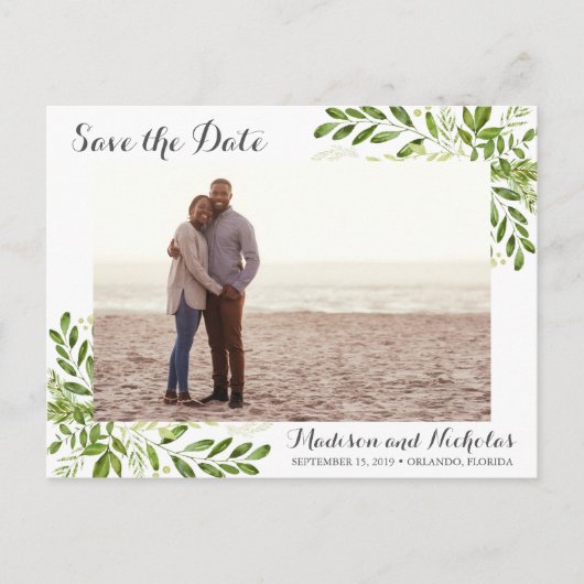Groene foto Save the Date Briefkaarten Rustiek Lea (Voorkant)