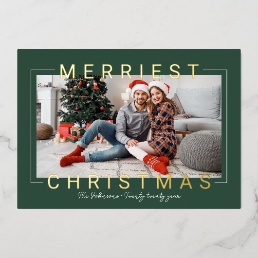 Groene foto van Merriest Modern Gold Text Folie Feestdagenkaart (Voorkant)