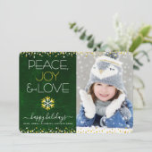 Groene Foto Vrede Joy Love Snowflake Gold Modern Feestdagenkaart (Staand voorkant)