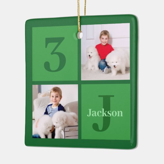 Groene fotocollage gepersonaliseerde Kinder kerst Keramisch Ornament (Links)