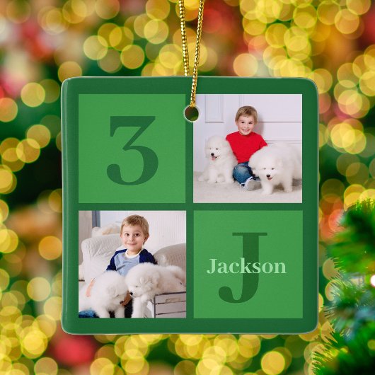 Groene fotocollage gepersonaliseerde Kinder kerst Keramisch Ornament