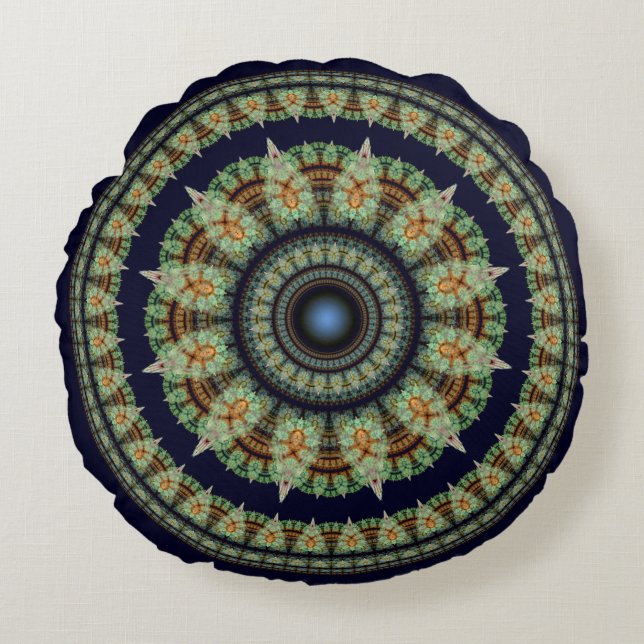 Groene fractale fee mandala rond kussen (Voorkant)