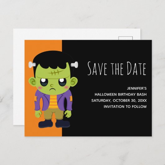 Groene Frankenstein Monster Halloween Save the Dat Uitnodiging Briefkaart (Voorkant / Achterkant)