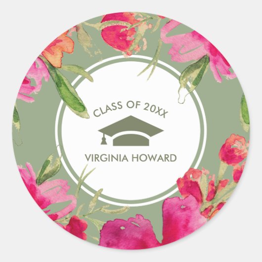 Groene Fuchsia Bloemen Custom Afstuderen Ronde Sticker (Voorkant)