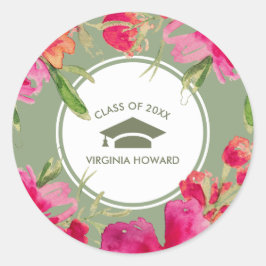 Groene Fuchsia Bloemen Custom Afstuderen Ronde Sticker