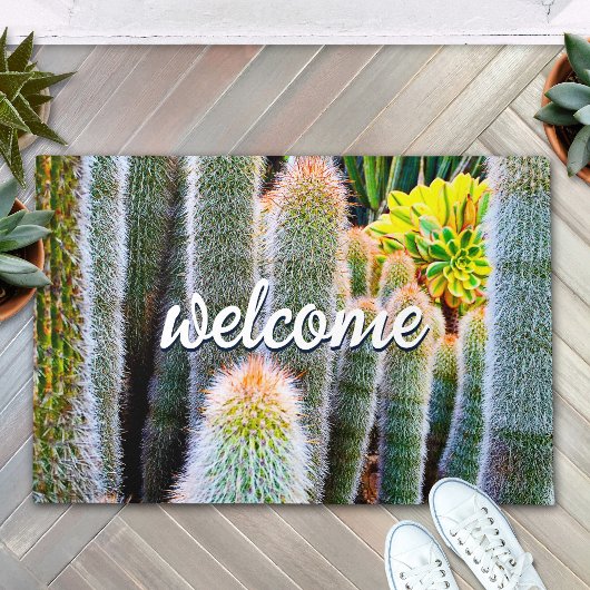 Groene Fuzzy Cacti Close-up Foto Welkomstscript Deurmat