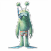 Groene Fuzzy Snorkelen Alien Sticker (Voorkant)