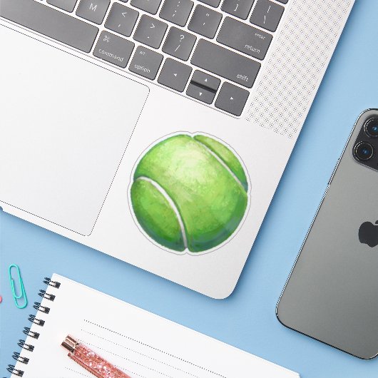Groene Fuzzy Tennisbal Sticker (Laptop met iPhone)