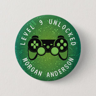 Groene gamerniveau niet-vergrendelde verjaardag ronde button 5,7 cm