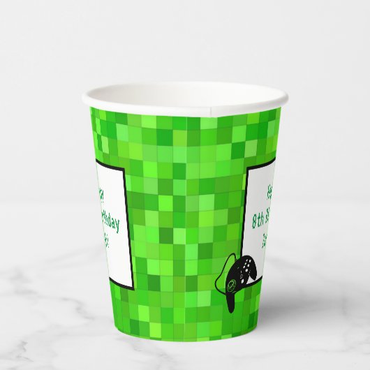 Groene gamerpixels | Aangepaste geboortedag Papieren Bekers (Rechts)