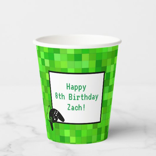 Groene gamerpixels | Aangepaste geboortedag Papieren Bekers (Voorkant)