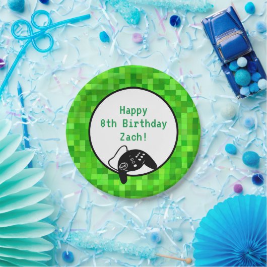 Groene gamerpixels | Aangepaste geboortedag Papieren Bordje (Feest)