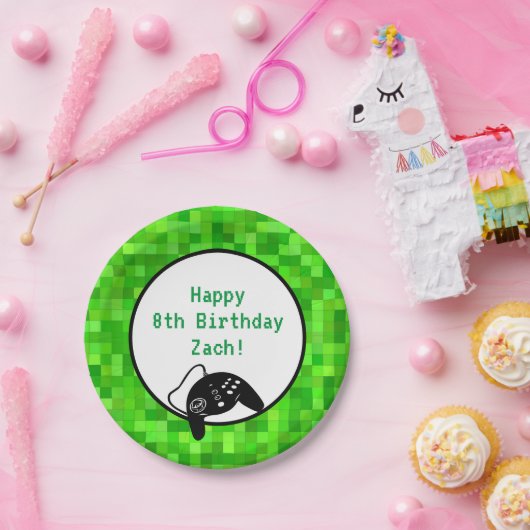 Groene gamerpixels | Aangepaste geboortedag Papieren Bordje (Feest)