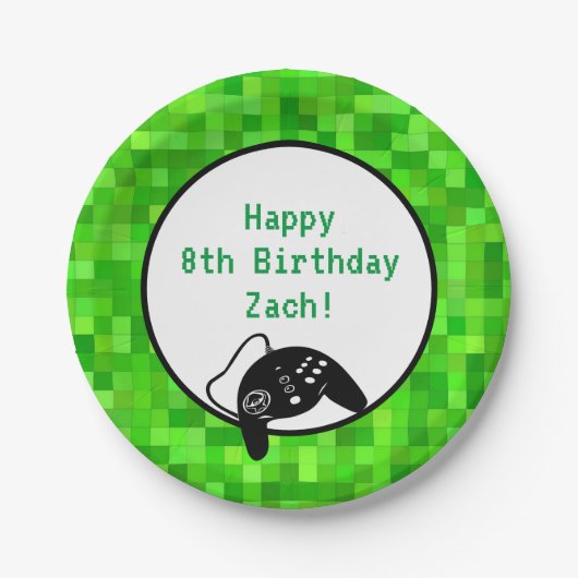 Groene gamerpixels | Aangepaste geboortedag Papieren Bordje (Voorkant)