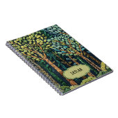 Groene geborduurde bomen laten Natuur bosblauw ach Notitieboek (Rechterzijde)