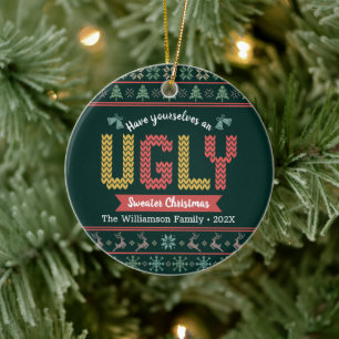 Groene gebreide lelijke trui kerst nordic Jouw naa Keramisch Ornament