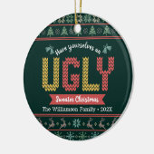 Groene gebreide lelijke trui kerst nordic Jouw naa Keramisch Ornament (Links)