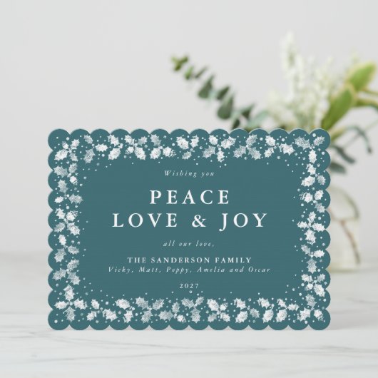 Groene gedrukte hulstbladeren rand plat niet-foto feestdagenkaart (Staand voorkant)