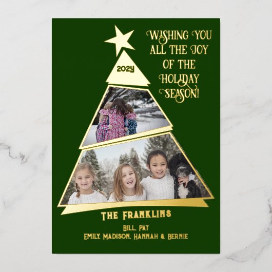 Groene gekantelde boom plezier en moderne foto folie feestdagenkaart (Voorkant)