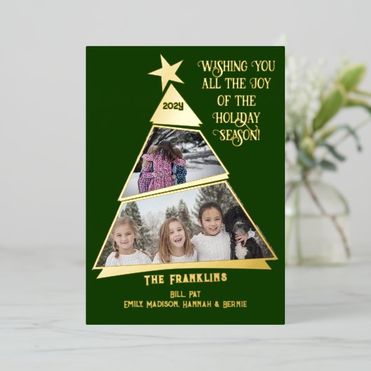Groene gekantelde boom plezier en moderne foto folie feestdagenkaart (Staand Voorkant)