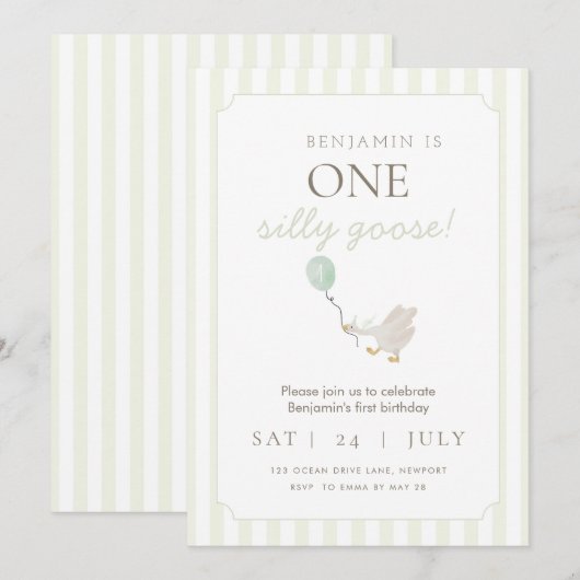 Groene Gekke Gans Eerste Verjaardag Uitnodiging (Voorkant / Achterkant)