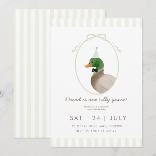 Groene Gekke Gans Eerste Verjaardag Uitnodiging (Voorkant / Achterkant)