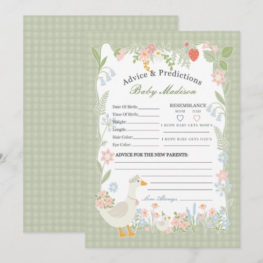 Groene Gekke Gans Floral Gingham Advies voor Baby Kaart (Voorkant / Achterkant)