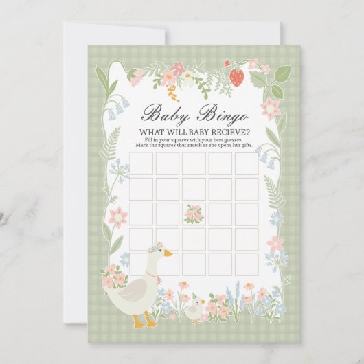 Groene Gekke Gans Floral Gingham Baby Bingo Game Kaart (Voorkant)