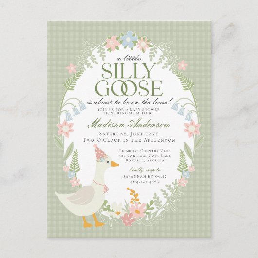 Groene Gekke Gans Floral Gingham Baby shower Briefkaart (Voorkant)