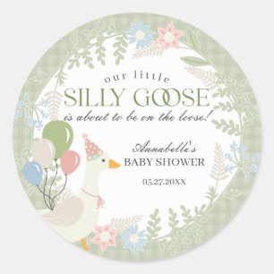Groene Gekke Gans Floral Gingham Baby shower Favor Ronde Sticker