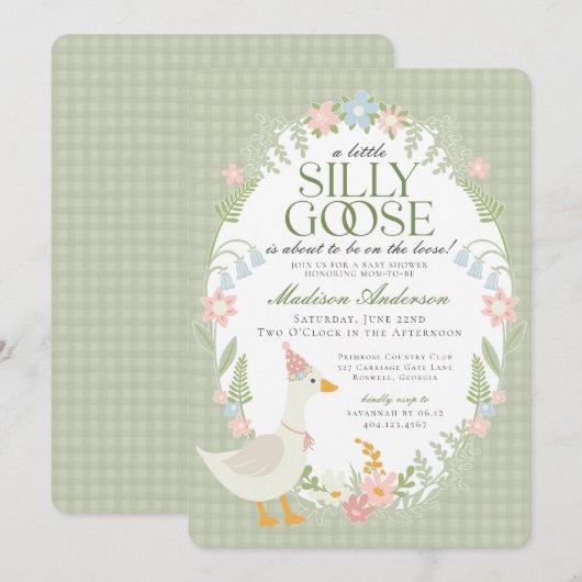 Groene Gekke Gans Floral Gingham Baby shower Kaart (Voorkant / Achterkant)