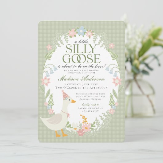 Groene Gekke Gans Floral Gingham Baby shower Kaart (Staand voorkant)
