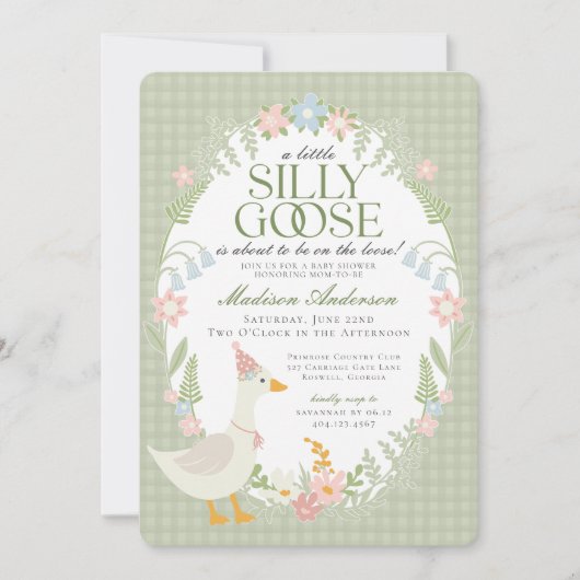 Groene Gekke Gans Floral Gingham Baby shower Kaart (Voorkant)