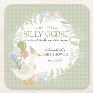Groene Gekke Gans Floral Gingham Baby shower Kartonnen Onderzetters