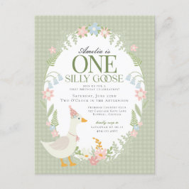 Groene Gekke Gans Floral Gingham Eerste Verjaardag Briefkaart
