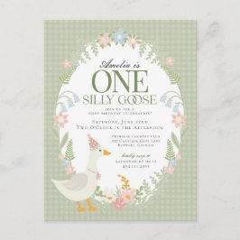 Groene Gekke Gans Floral Gingham Eerste Verjaardag Briefkaart