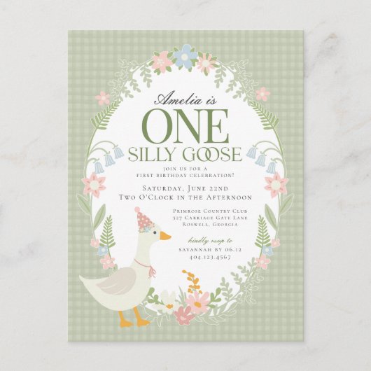 Groene Gekke Gans Floral Gingham Eerste Verjaardag Briefkaart (Voorkant)