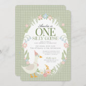 Groene Gekke Gans Floral Gingham Eerste Verjaardag Kaart (Voorkant / Achterkant)