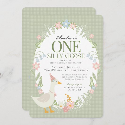 Groene Gekke Gans Floral Gingham Eerste Verjaardag Kaart (Voorkant / Achterkant)