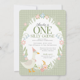 Groene Gekke Gans Floral Gingham Eerste Verjaardag Kaart