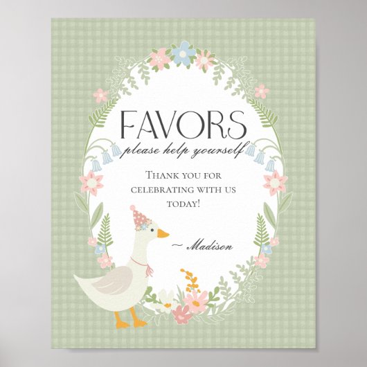 Groene Gekke Gans Floral Gingham Favors Sign Poster (Voorkant)