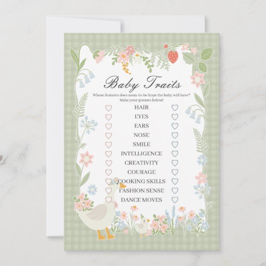 Groene Gekke Goose Floral Gingham Baby Traits Game Kaart (Voorkant)