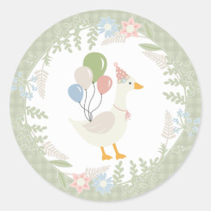 Groene Gekke Goose Floral Gingham Favors Ronde Sticker